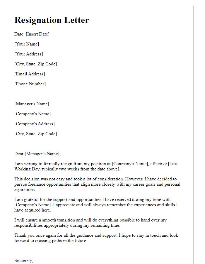 Letter template of resignation for pursuing freelance opportunities