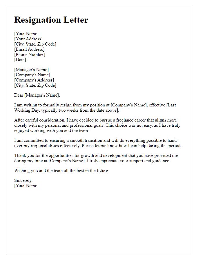 Letter template of resignation to start a freelance career