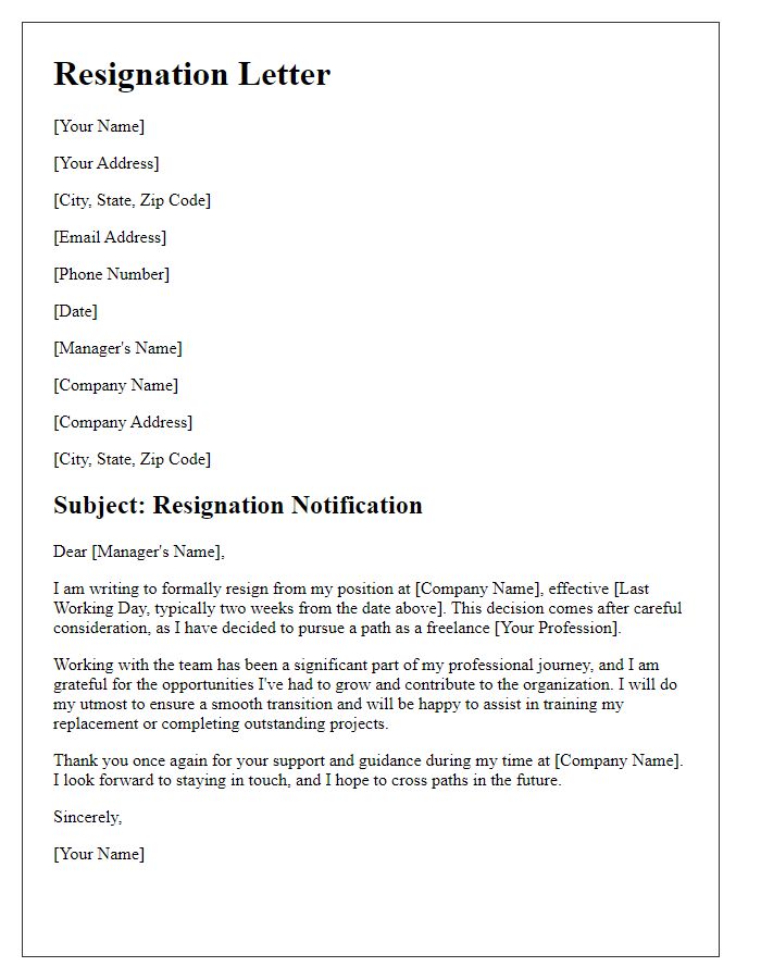 Letter template of resignation to transition into freelance work