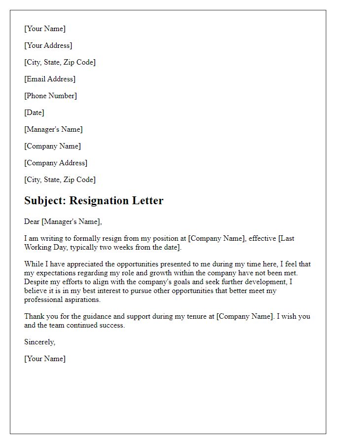 Letter template of resignation because of unmet expectations