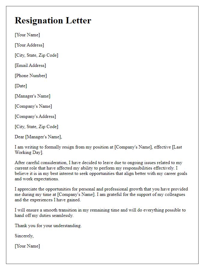 Letter template of resignation for issues with current role