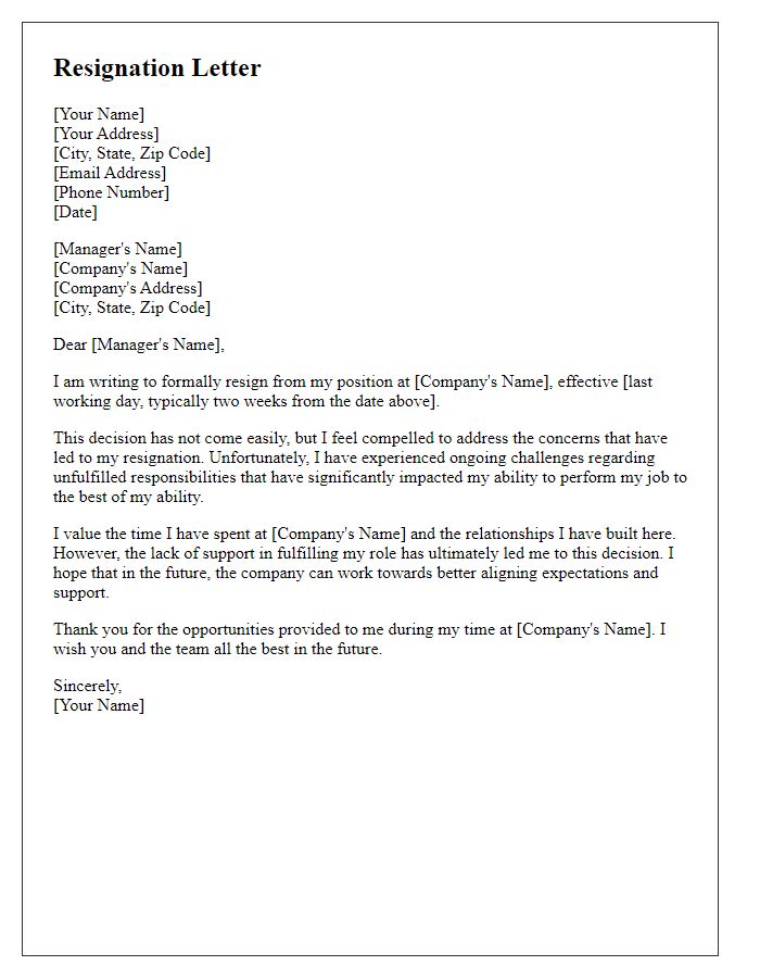 Letter template of resignation prompted by unfulfilled responsibilities