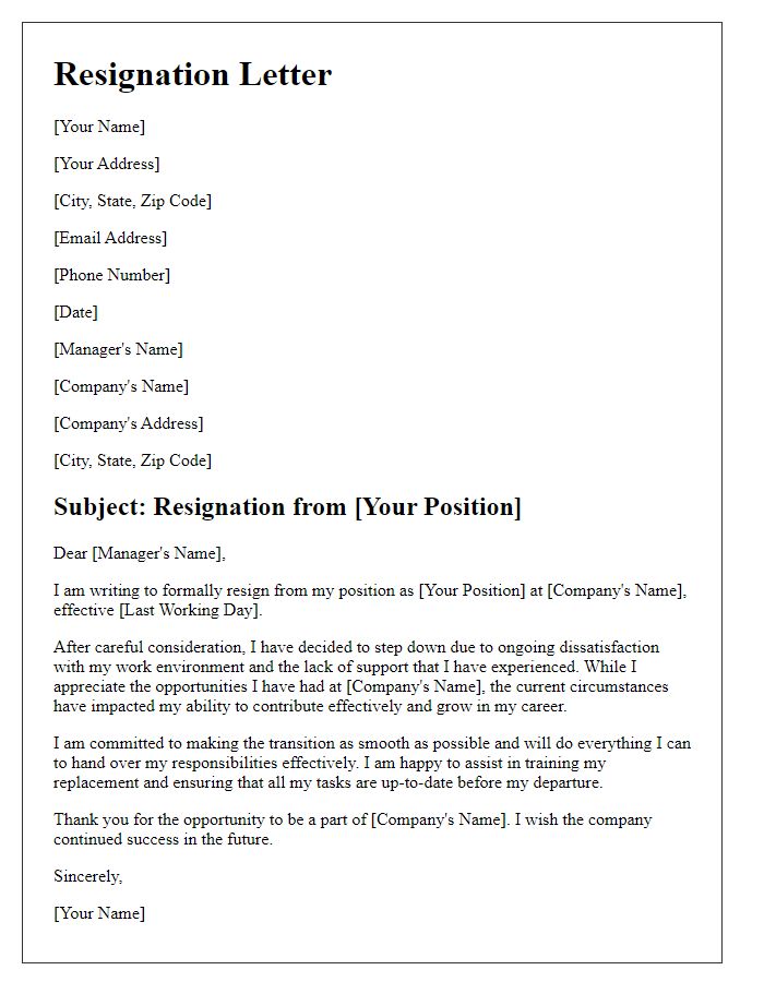 Letter template of resignation stemming from workplace dissatisfaction