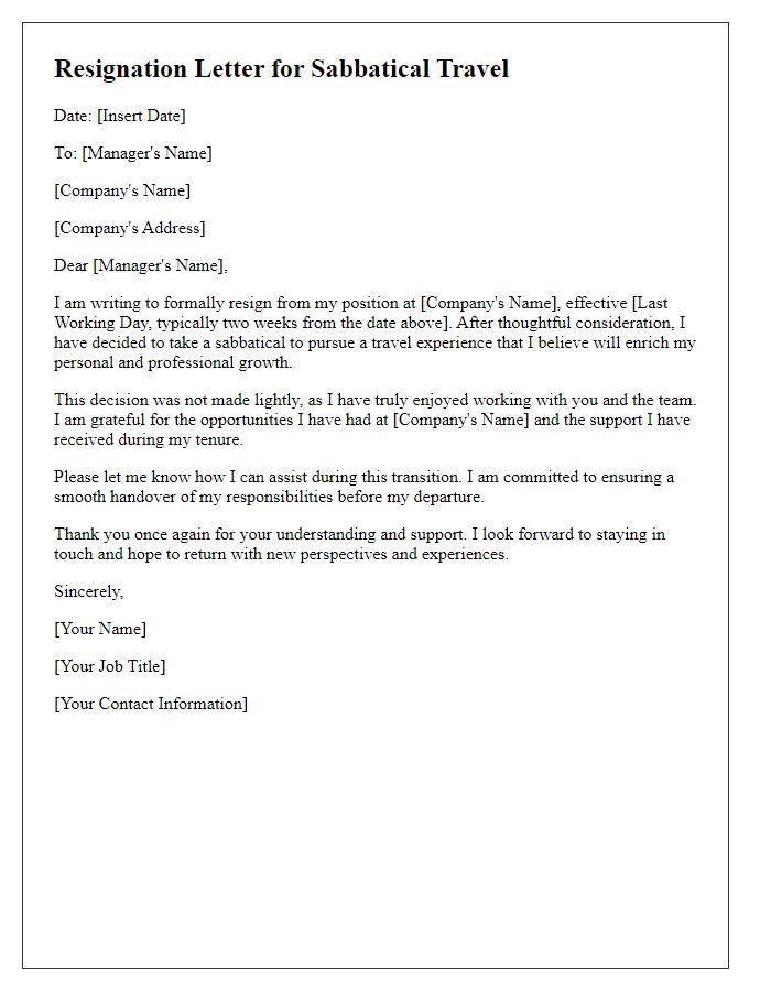 Letter template of resignation for a sabbatical travel experience.