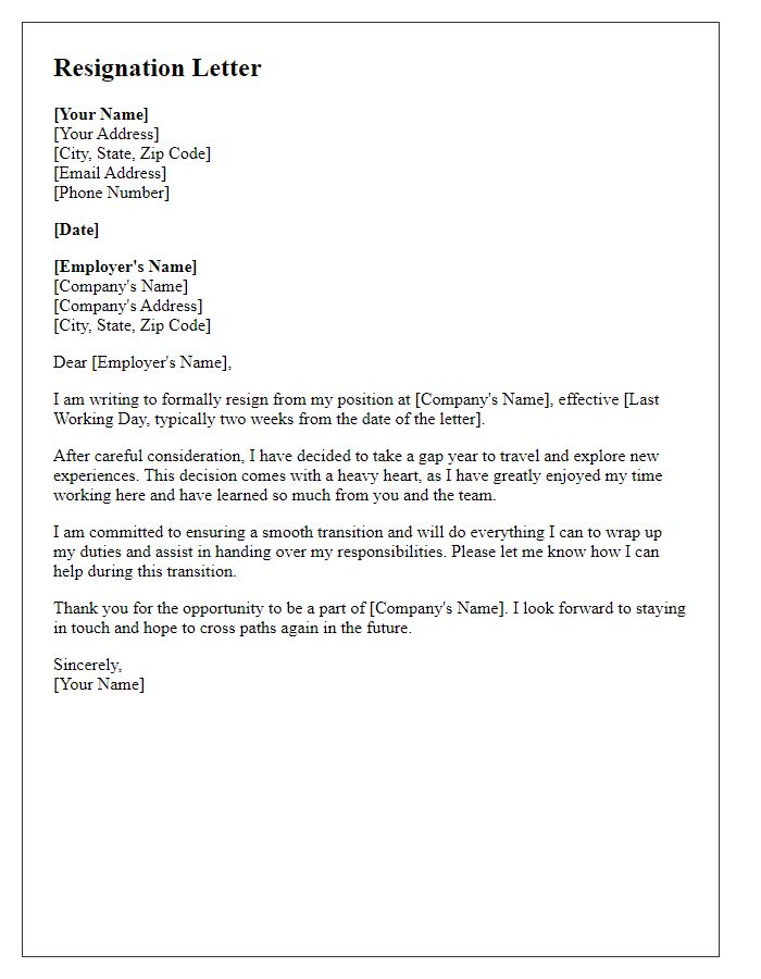 Letter template of resignation to take a gap year for travel.