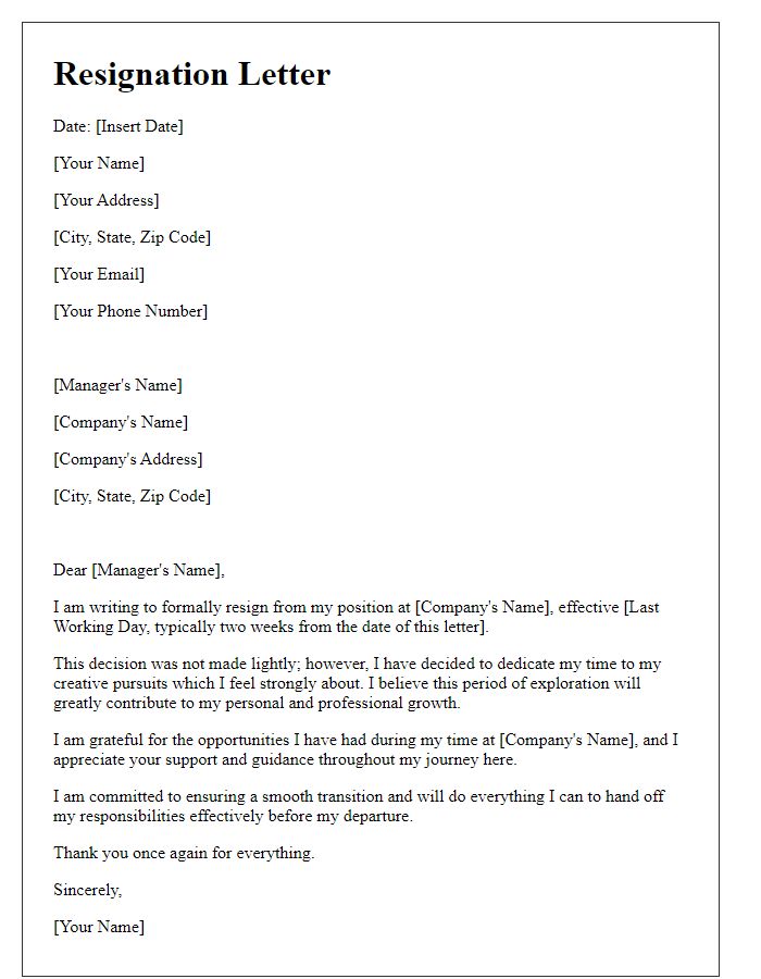 Letter template of resignation to dedicate time to creative pursuits