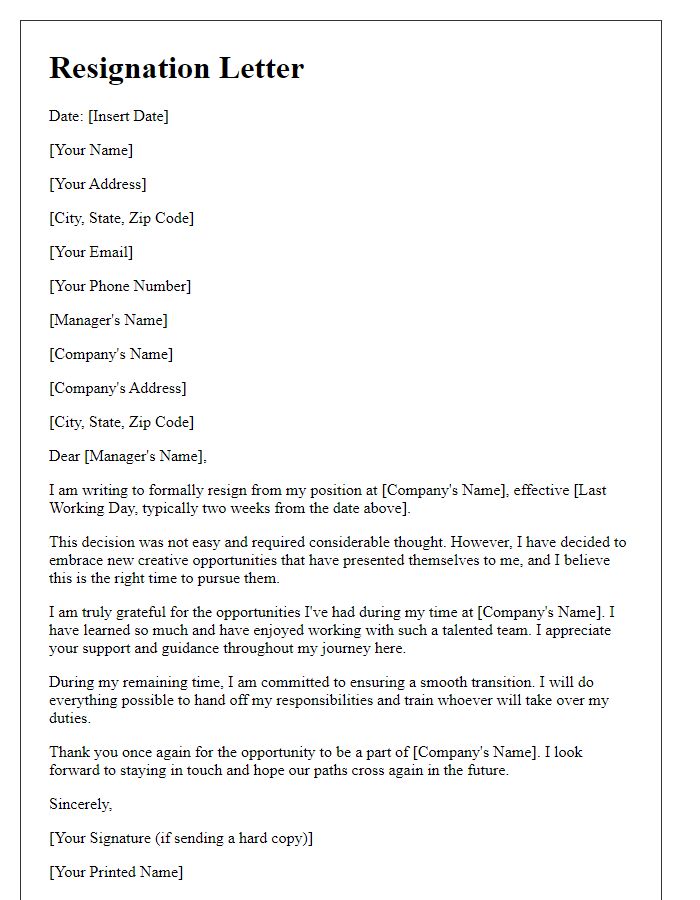 Letter template of resignation to embrace creative opportunities