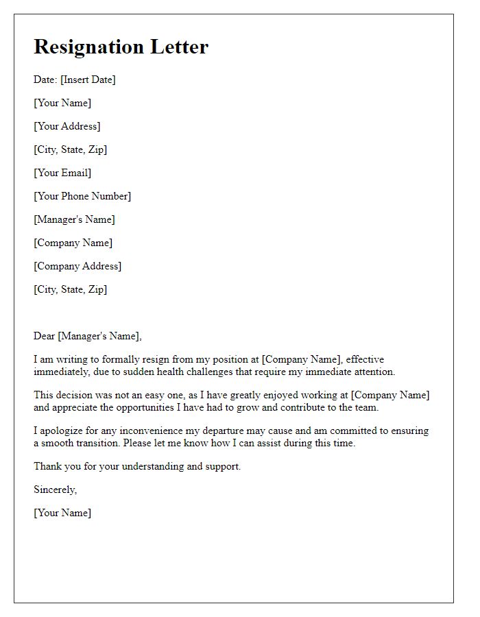 Letter template of resignation based on sudden health challenges.