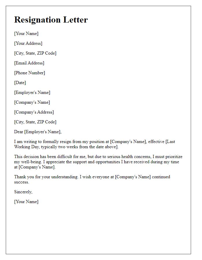 Letter template of resignation because of serious health concerns.