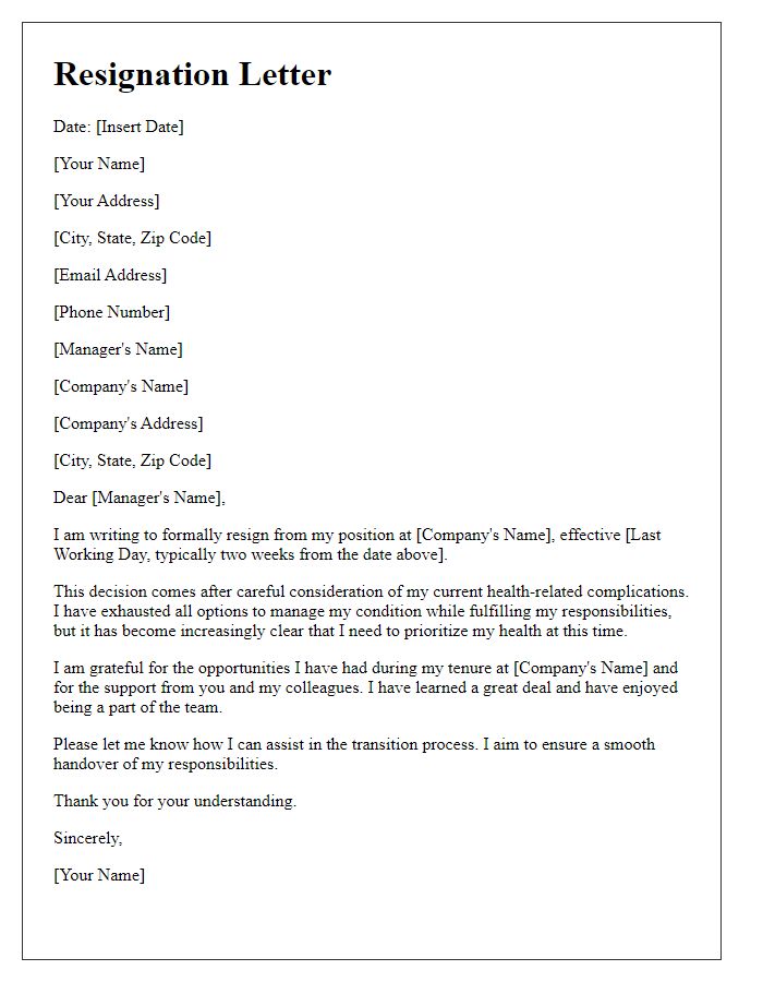 Letter template of resignation connected to health-related complications.