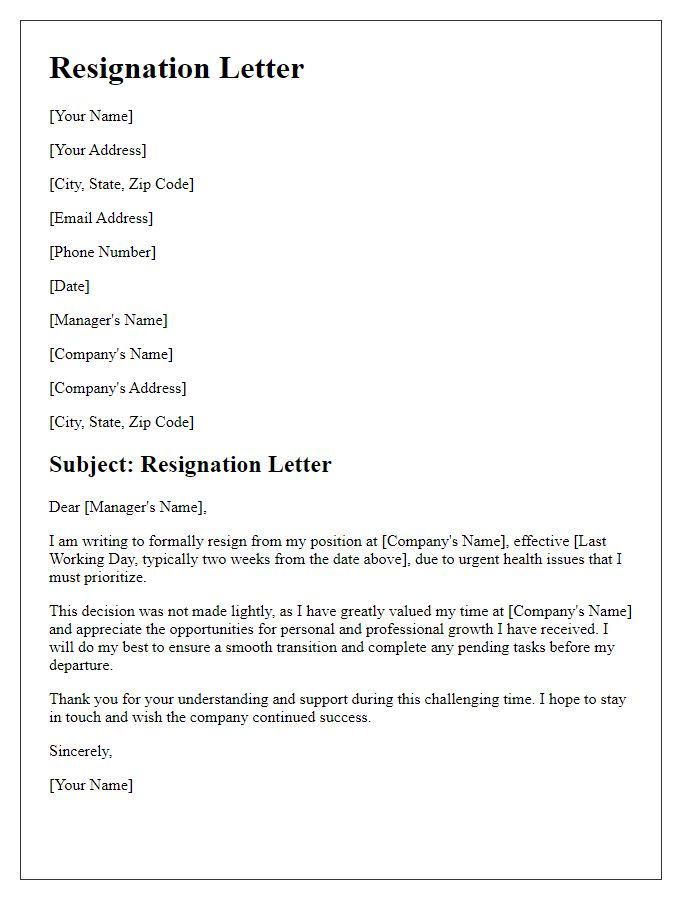 Letter template of resignation due to urgent health issues.