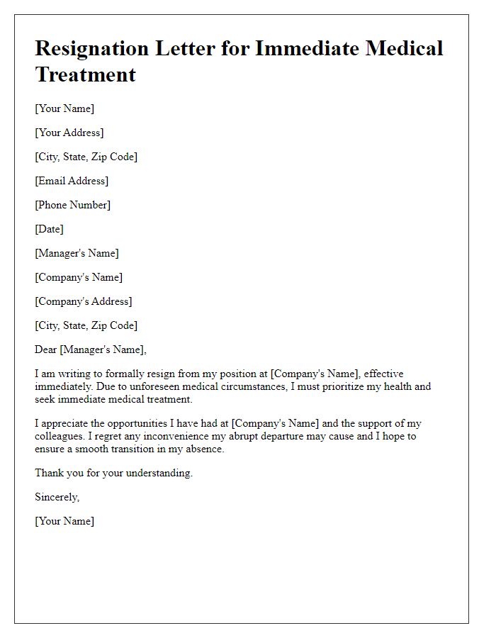 Letter template of resignation for immediate medical treatment.