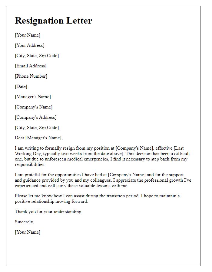 Letter template of resignation resulting from medical emergencies.