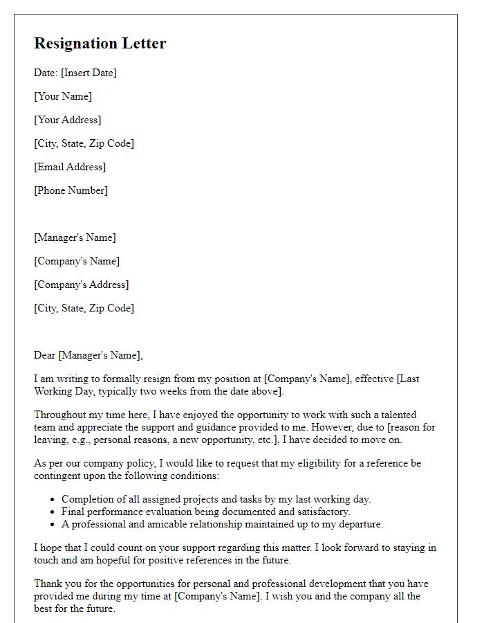 Letter template of resignation featuring conditions for reference eligibility.