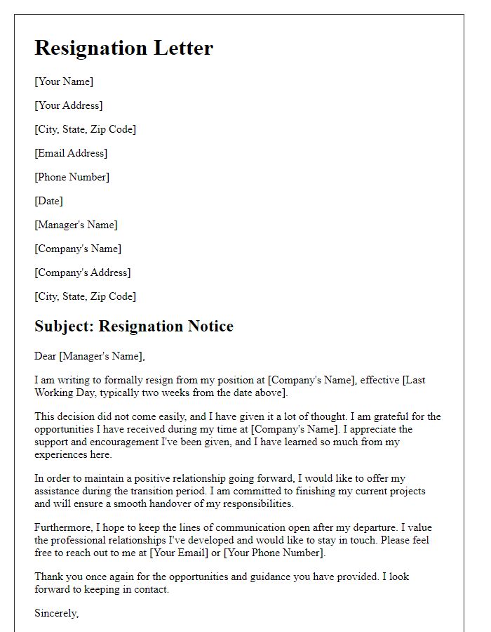 Letter template of resignation with guidelines for future employment relations.