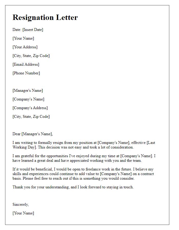 Letter template of resignation with options for future freelance work.