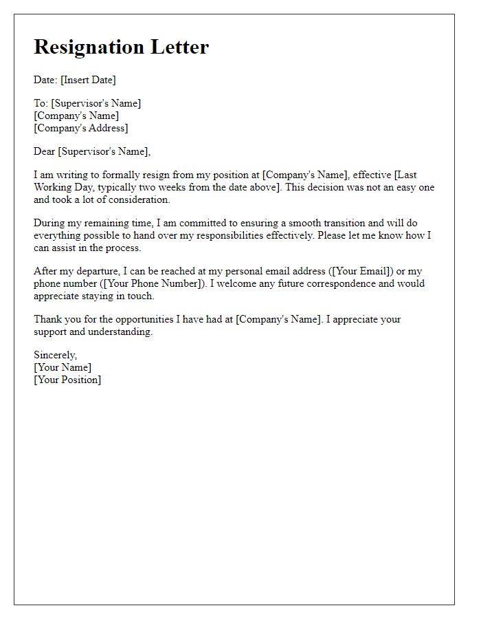 Letter template of resignation outlining future contact preferences.