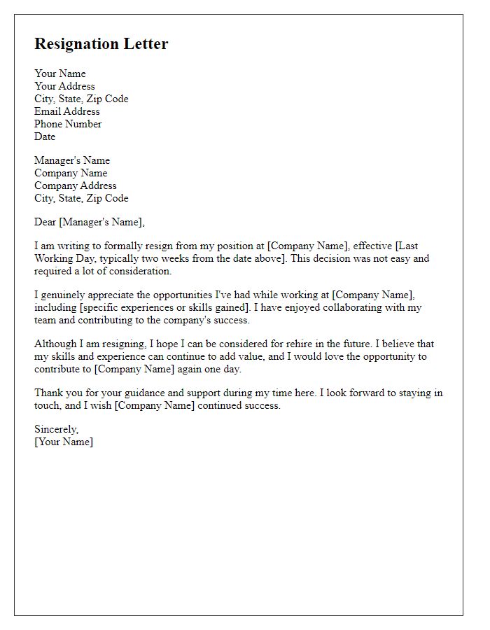 Letter template of resignation with requests for rehire consideration.