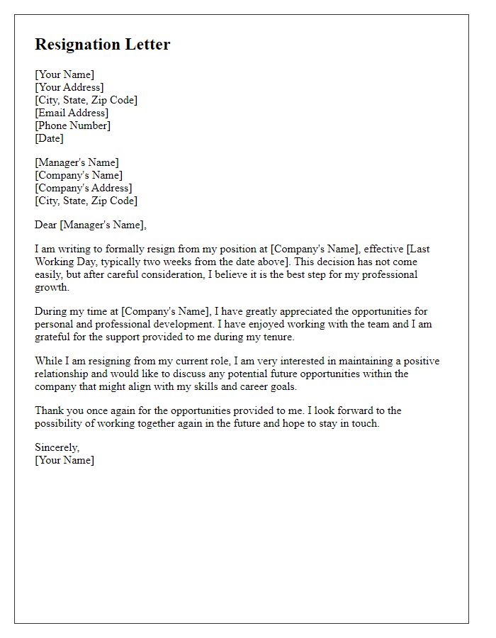 Letter template of resignation with terms for potential future roles.