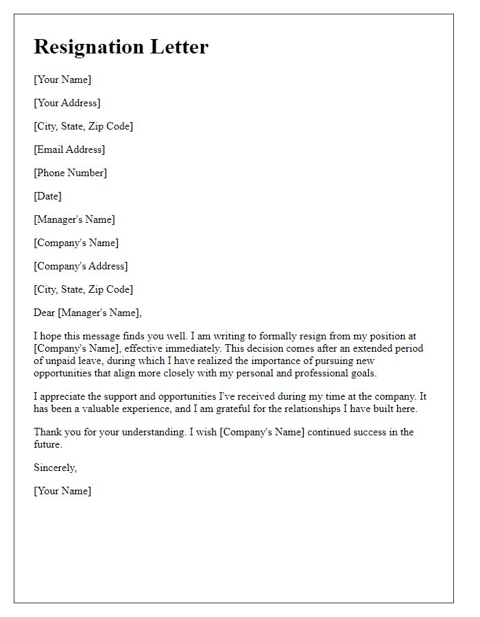 Letter template of resignation following an extended period of unpaid leave.