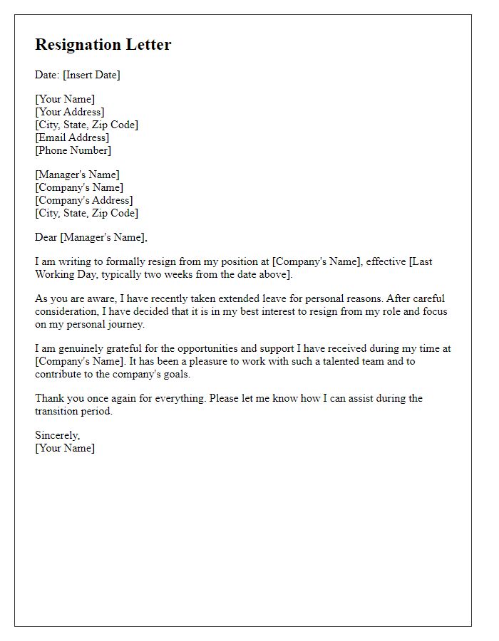 Letter template of resignation post-extended leave for personal reasons.