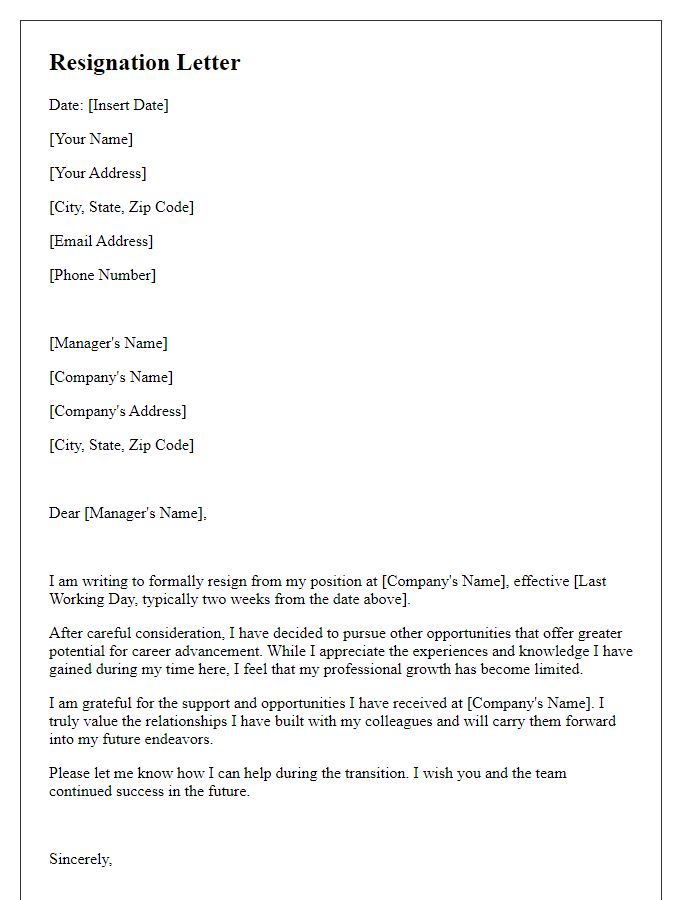 Letter template of resignation due to limited career advancement.