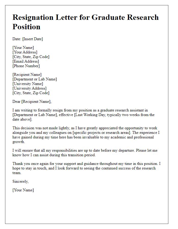 Letter template of resignation for a graduate research position