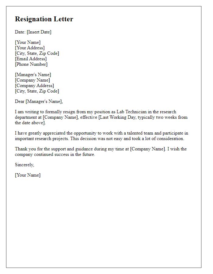 Letter template of resignation for a lab technician research role