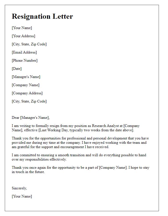 Letter template of resignation for a research analyst position