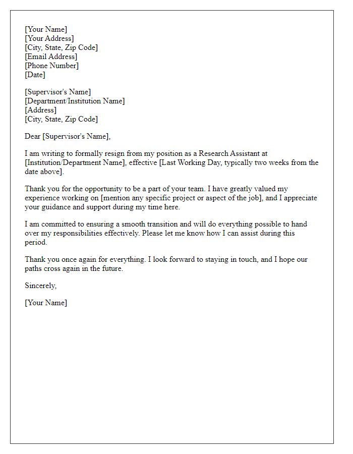 Letter template of resignation for a research assistant position