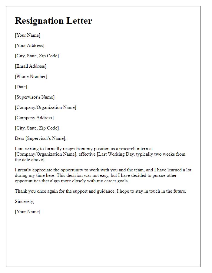 Letter template of resignation for a research intern position