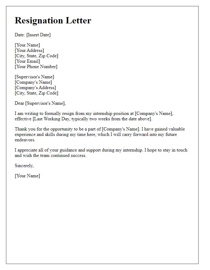 Letter template of resignation from internship position