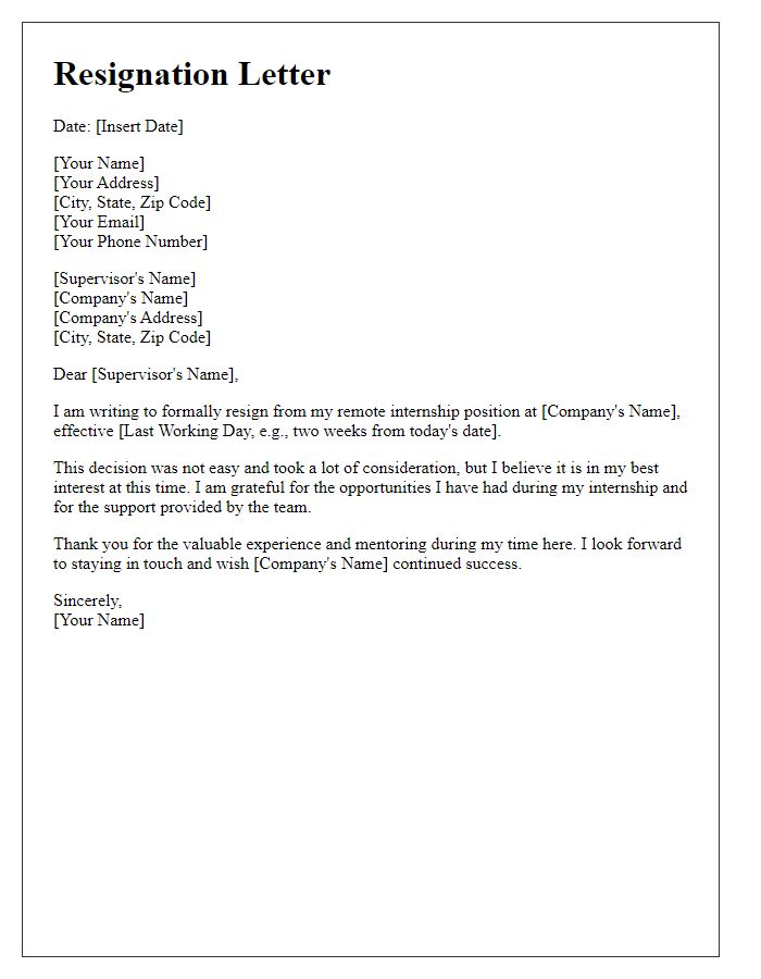 Letter template of resignation from remote internship