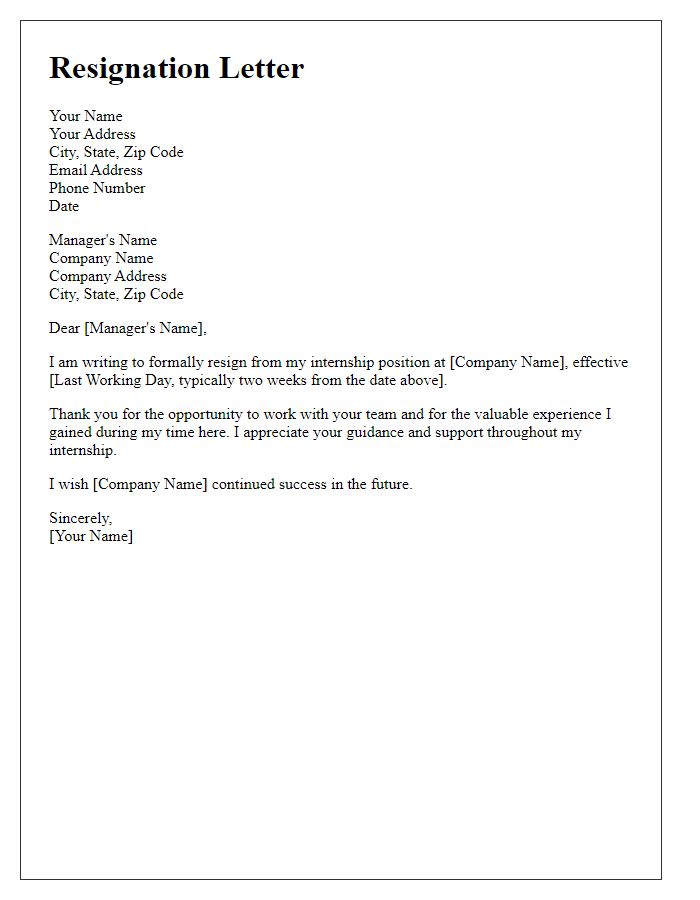 Letter template of resignation from a short-term internship