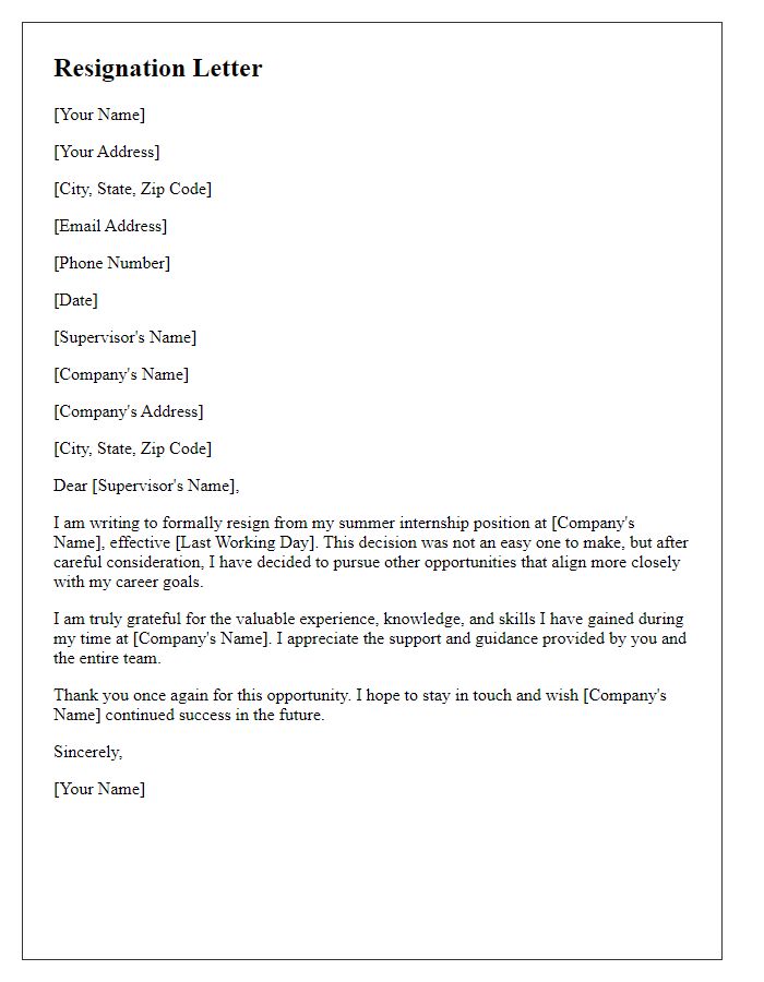 Letter template of resignation from summer internship