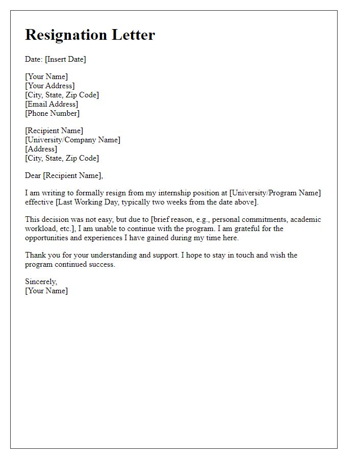 Letter template of resignation from university internship program