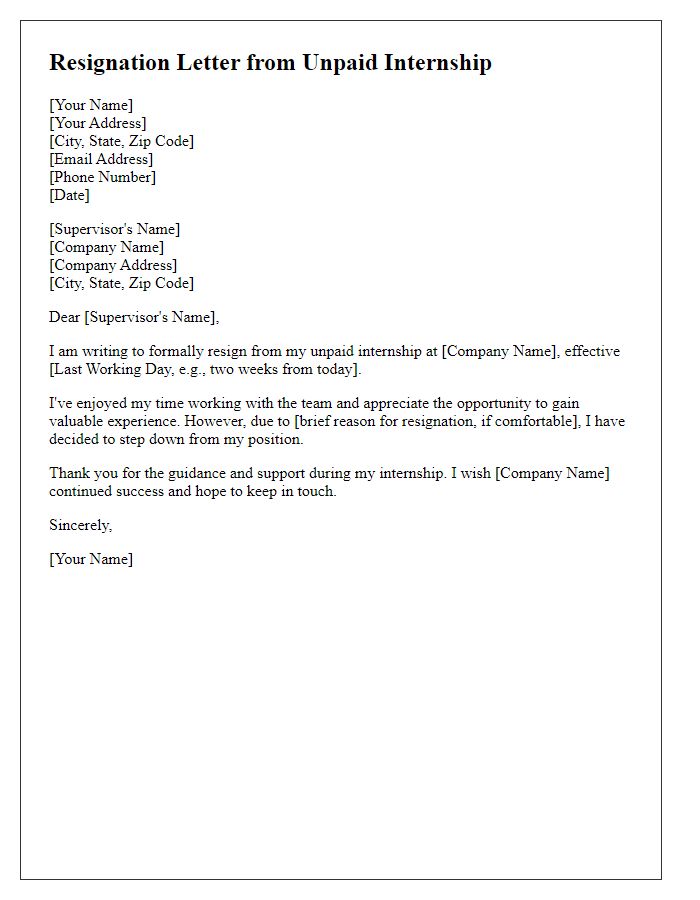 Letter template of resignation from unpaid internship