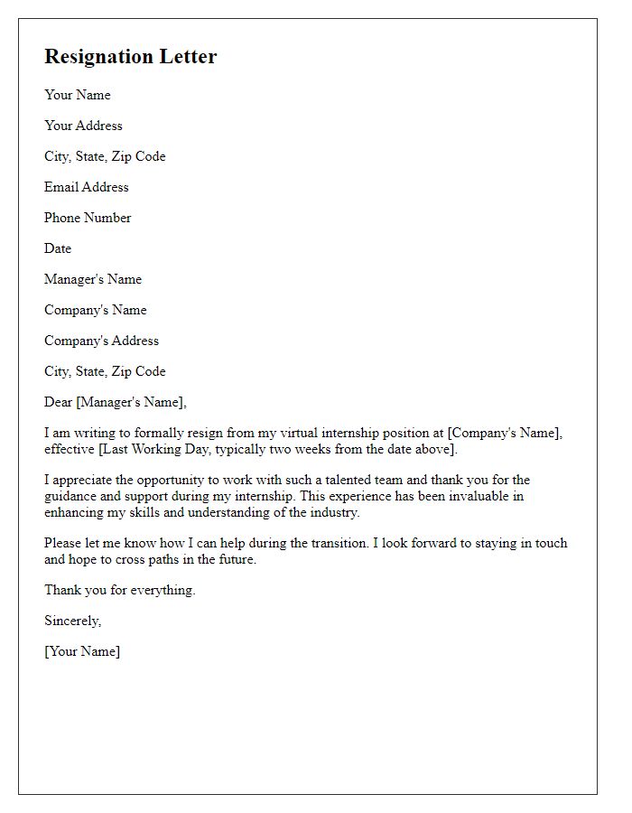 Letter template of resignation from virtual internship