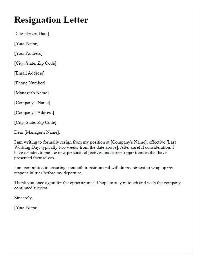 Letter template of resignation after meeting personal objectives