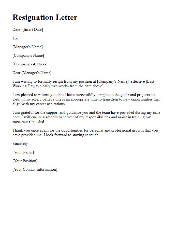 Letter template of resignation following goal completion