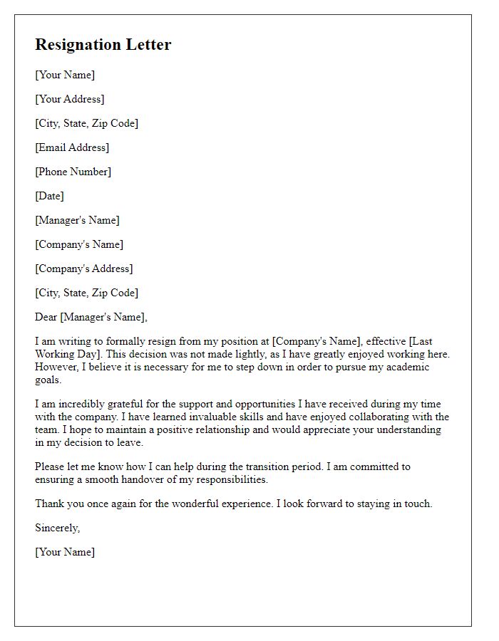 Letter template of resignation to achieve academic goals.