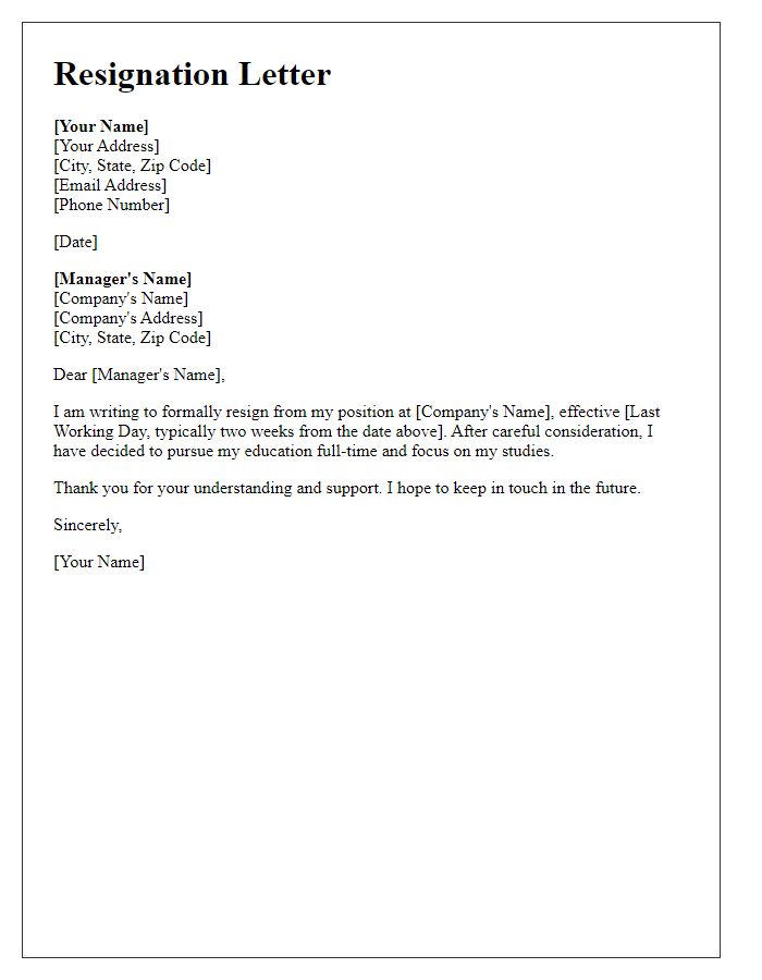 Letter template of resignation to become a full-time student.