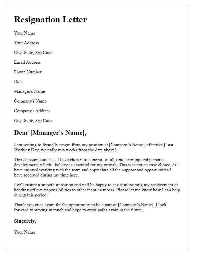 Letter template of resignation to commit to full-time learning.