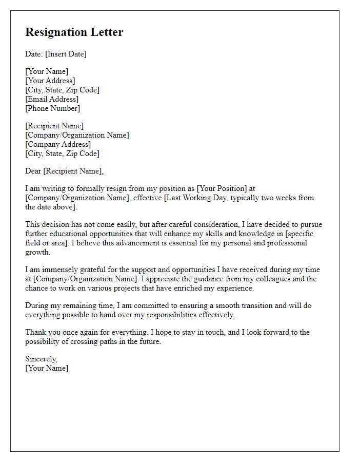 Letter template of resignation for educational advancement.