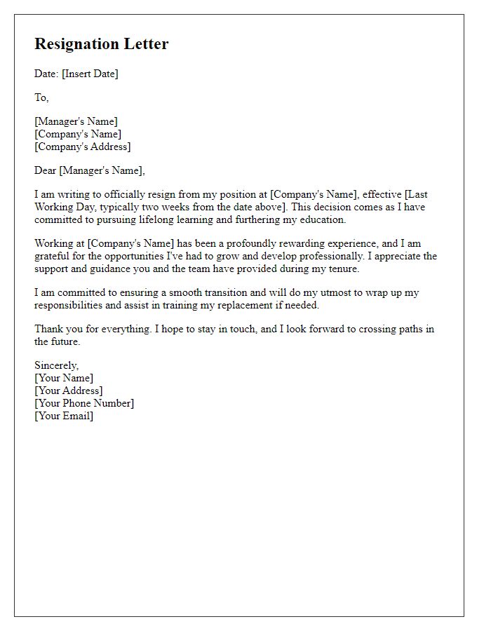 Letter template of resignation for lifelong learning commitment.