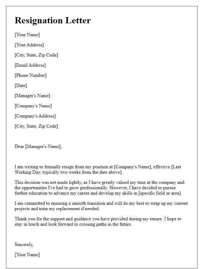 Letter template of resignation for professional development through education.