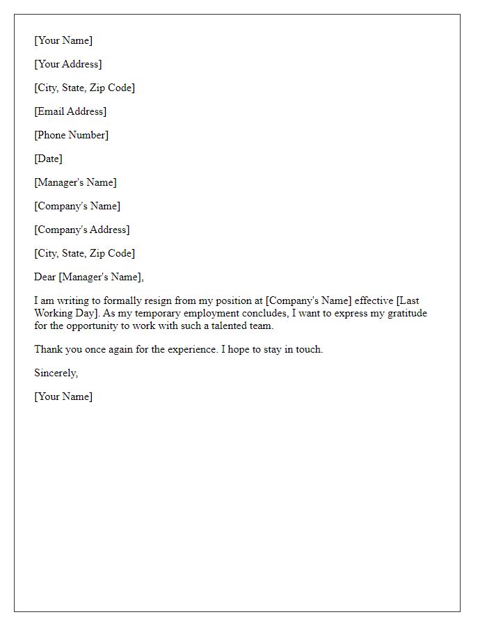 Letter template of resignation at the end of temporary job