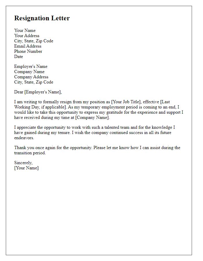 Letter template of resignation following temporary employment conclusion