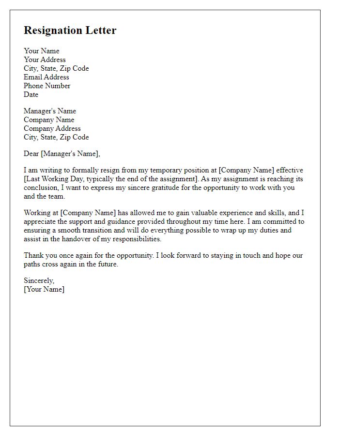 Letter template of resignation upon completion of temporary assignment