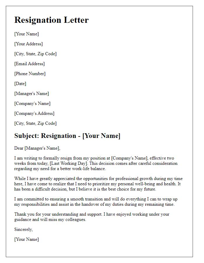 Letter template of resignation due to work-life balance issues